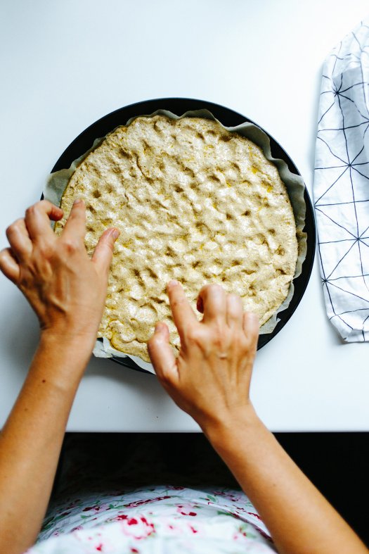 Girl making focaccia on the white background